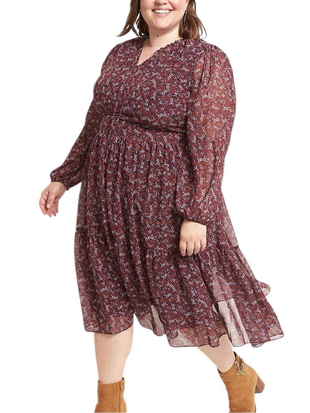 Lane Bryant Plus Size Floral Tiered Midi Dress Boho Blouson Sleeve 22/24 3X